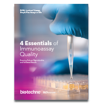 Brochure cover image- title reads "four essentials of immunoassay quality"