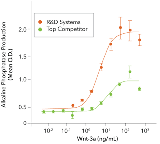 Comparison of the bioactivity of R&D Systems Recombinant Human Wnt-3a with a leading competitor’s Wnt-3a protein